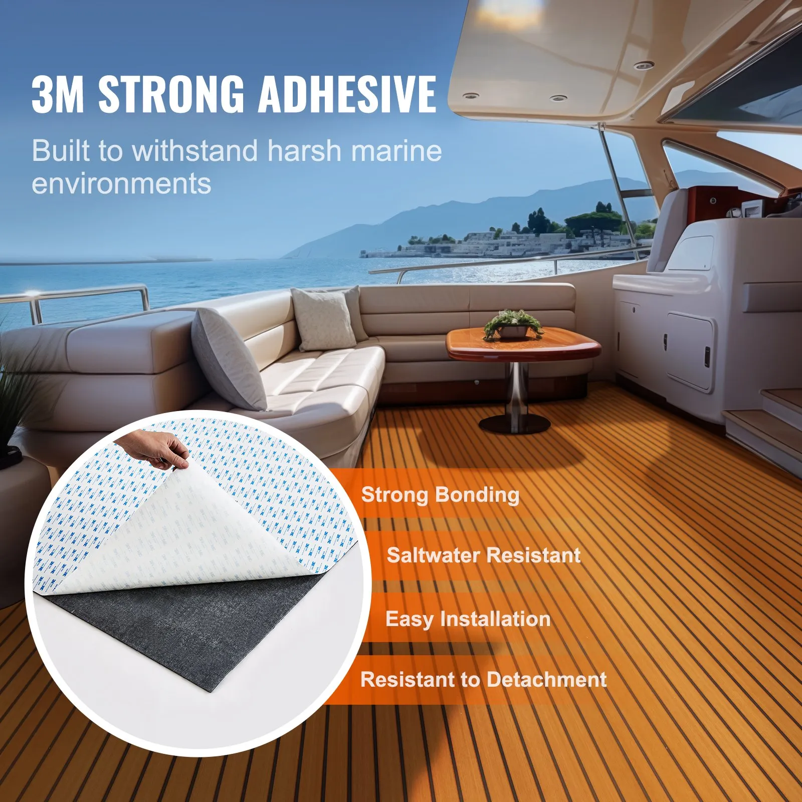 VEVOR boat flooring: durable, saltwater-resistant, easy installation, strong bonding, and marine-grade.
