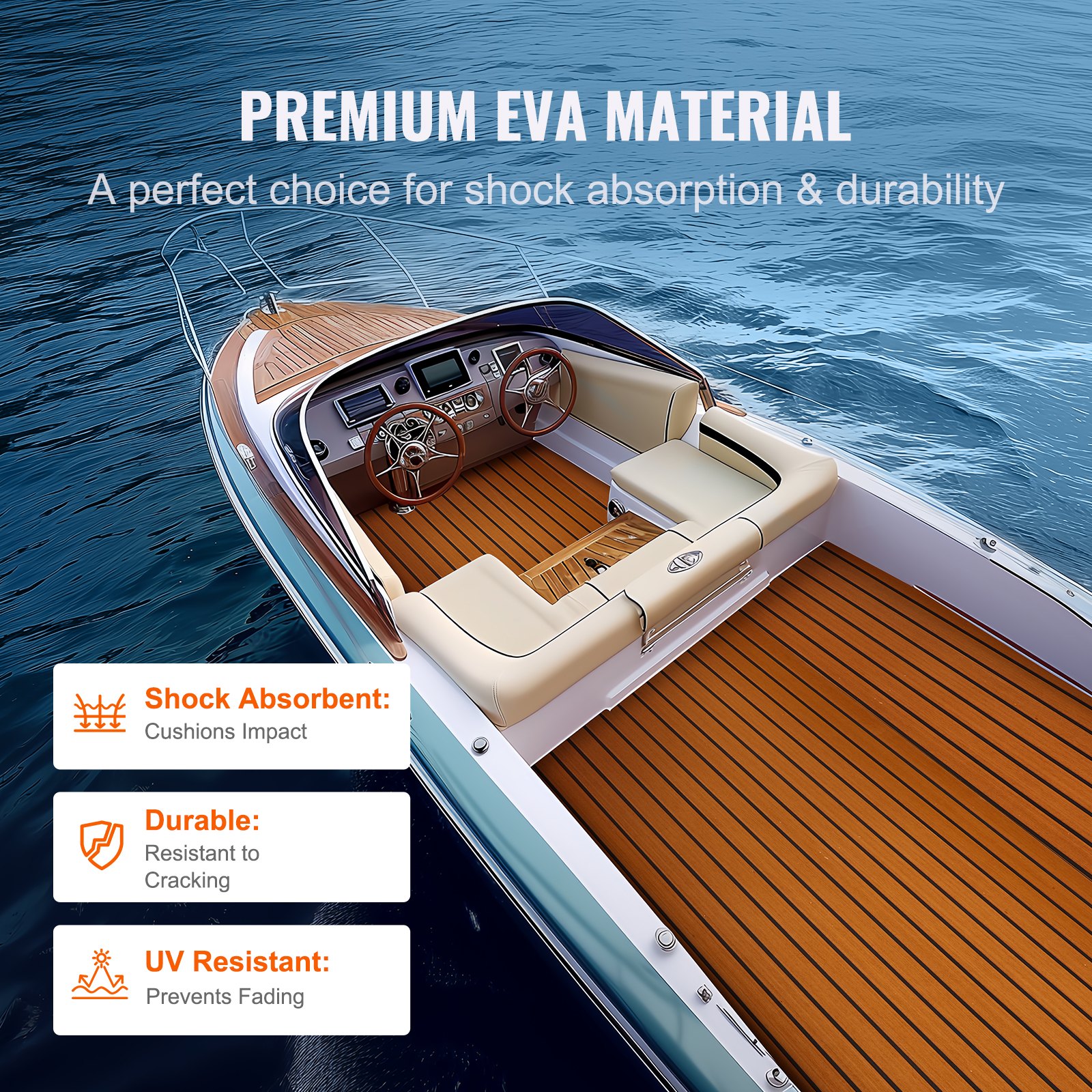 VEVOR boat flooring in a luxury boat with premium eva material, shock absorbent, durable, uv resistant.