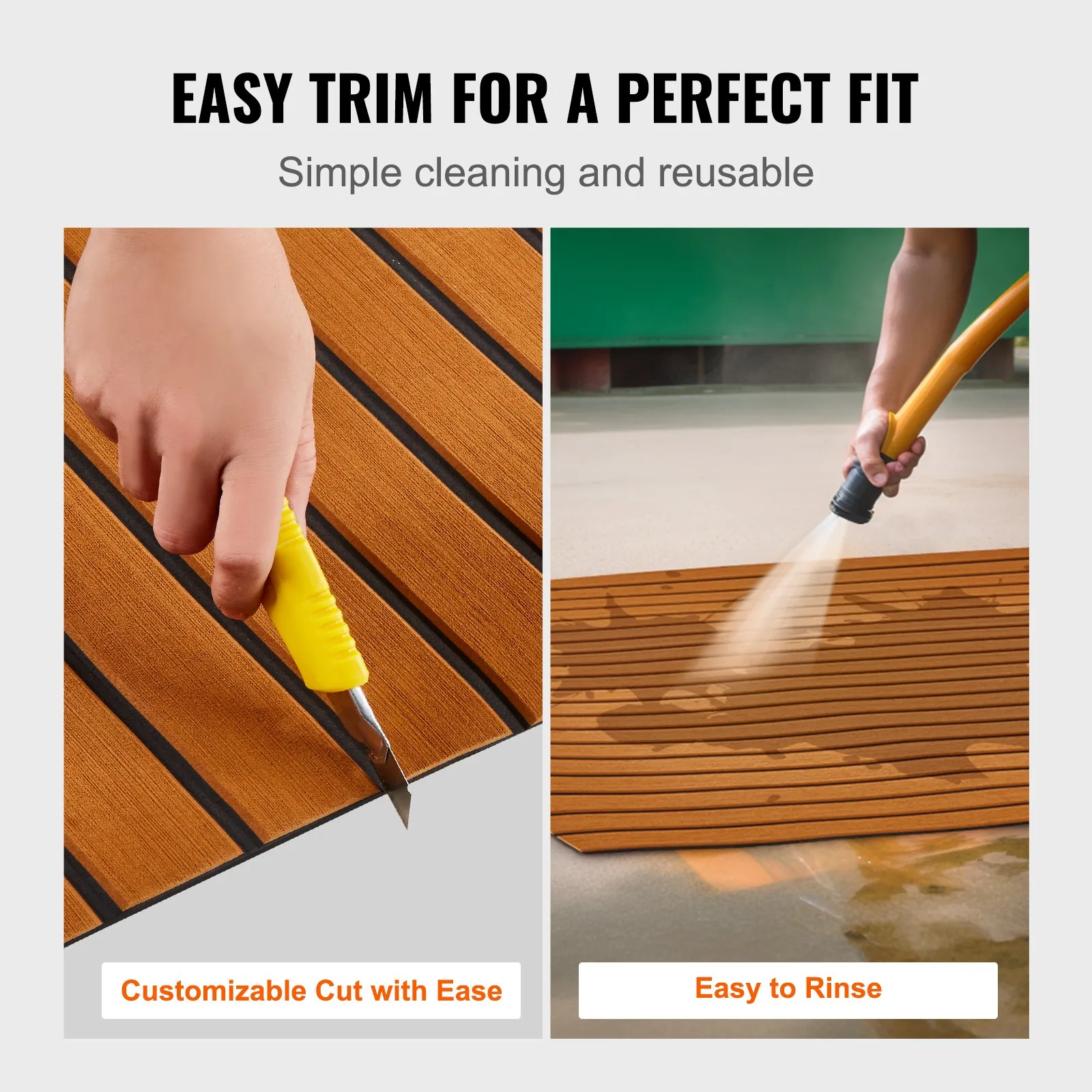 hand trimming VEVOR boat flooring with yellow cutter and rinsing it with a hose for easy cleaning.