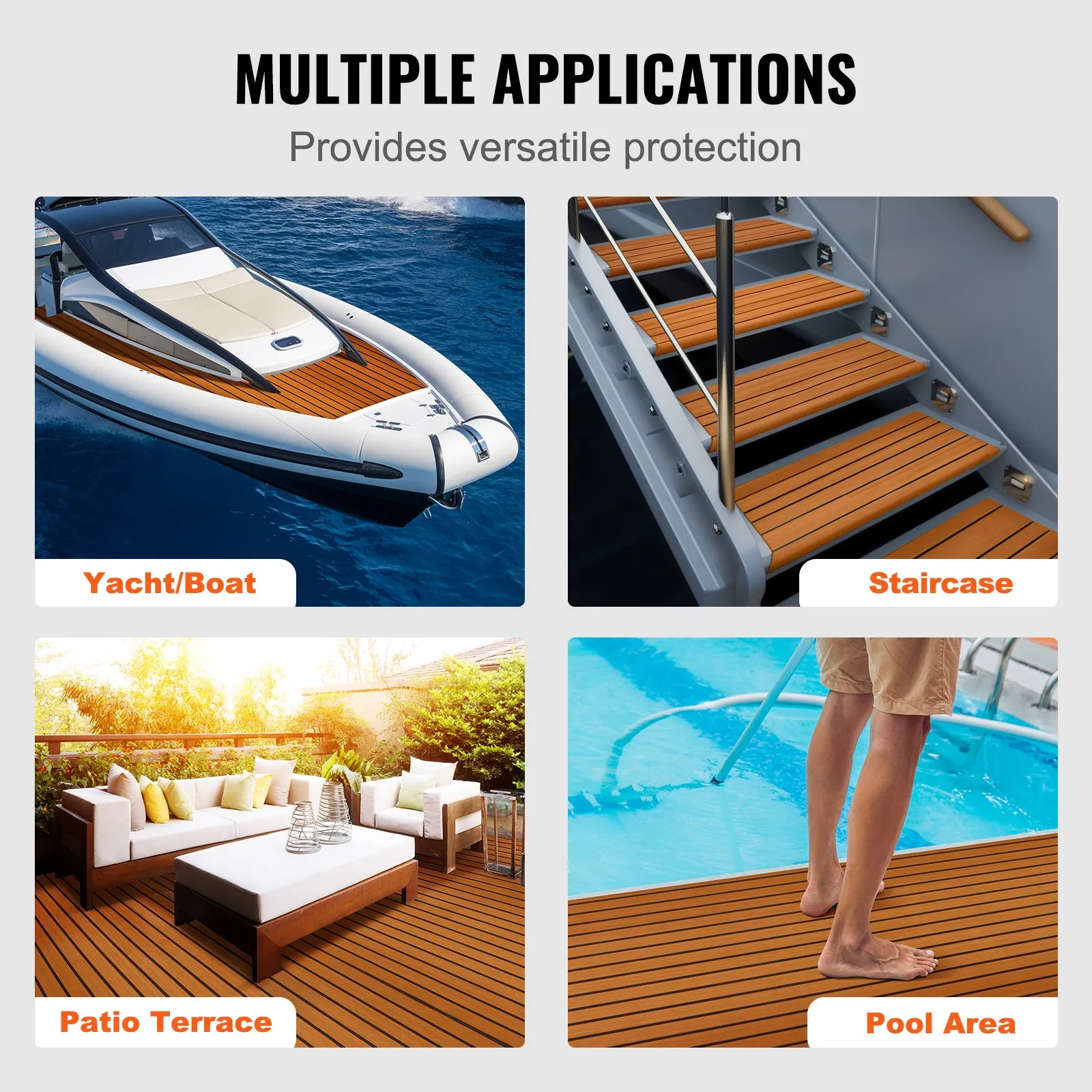 VEVOR boat flooring used on yacht, staircase, patio terrace, and pool area for versatile protection.