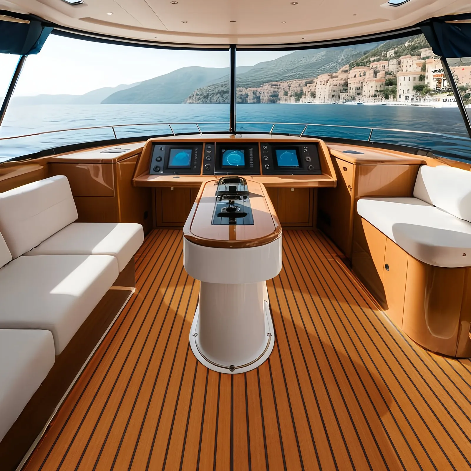 luxurious boat interior with VEVOR boat flooring, white seating, wooden tables, and panoramic ocean views.