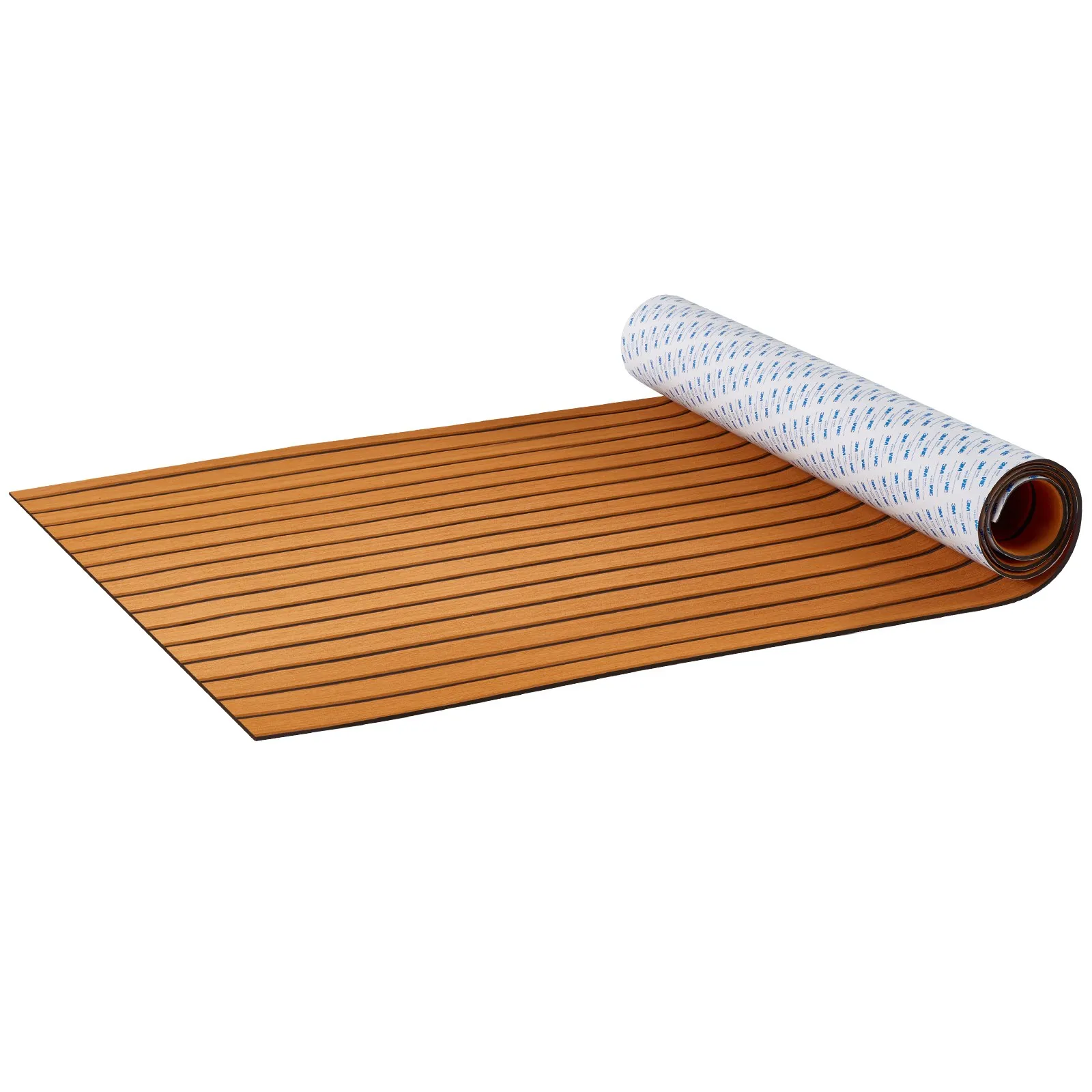 VEVOR boat flooring in brown with black lines, rolled-up section showing adhesive backing.