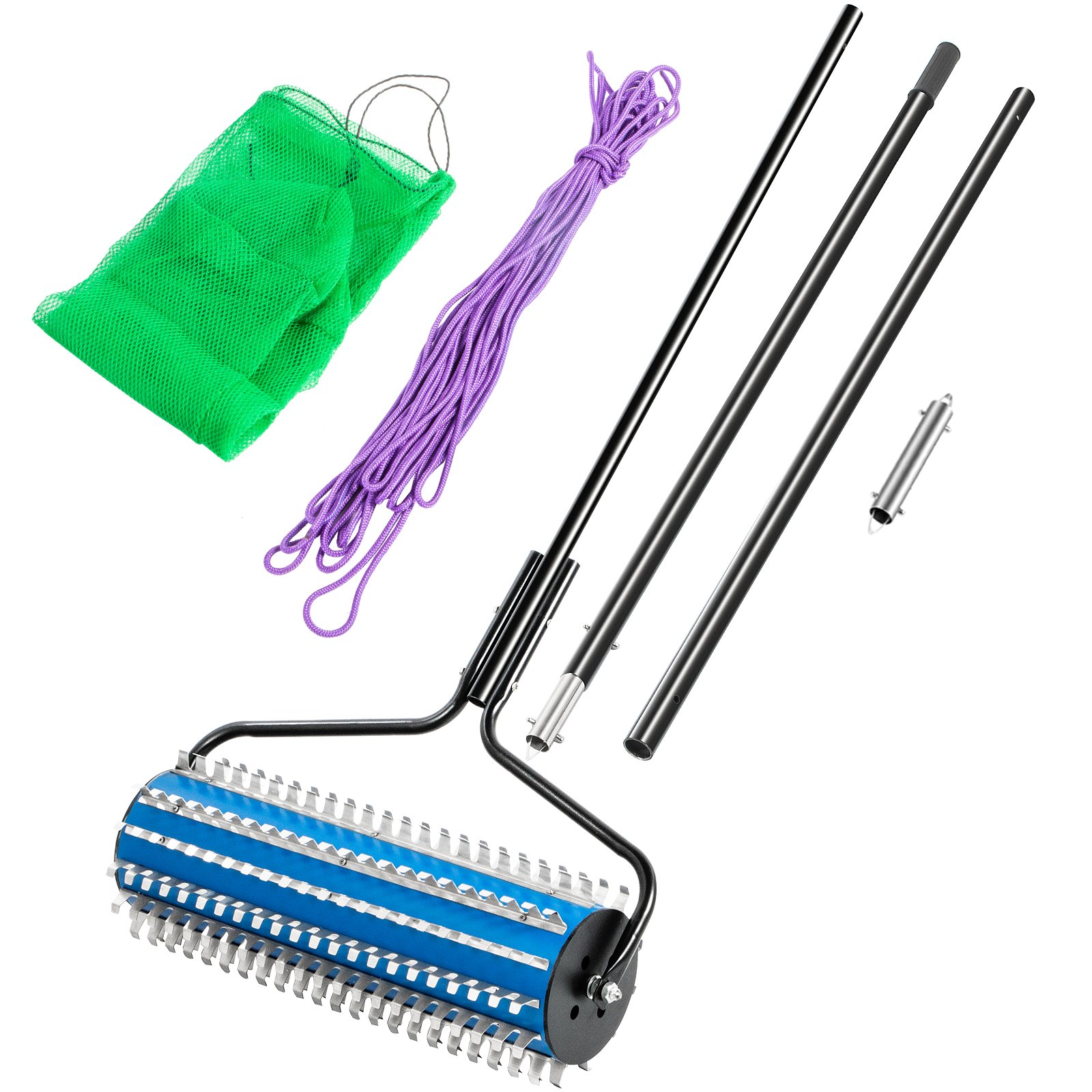 VEVOR Roller Weed Rake, 12’ Lake Weed Cutter, Uproots Aquatic Weeds Muck Silt Lake Rakes, Weed Removal Tool for Lake Pond Beach Landscaping, Lake Weed Roller Remover with Extension Pole and Rope