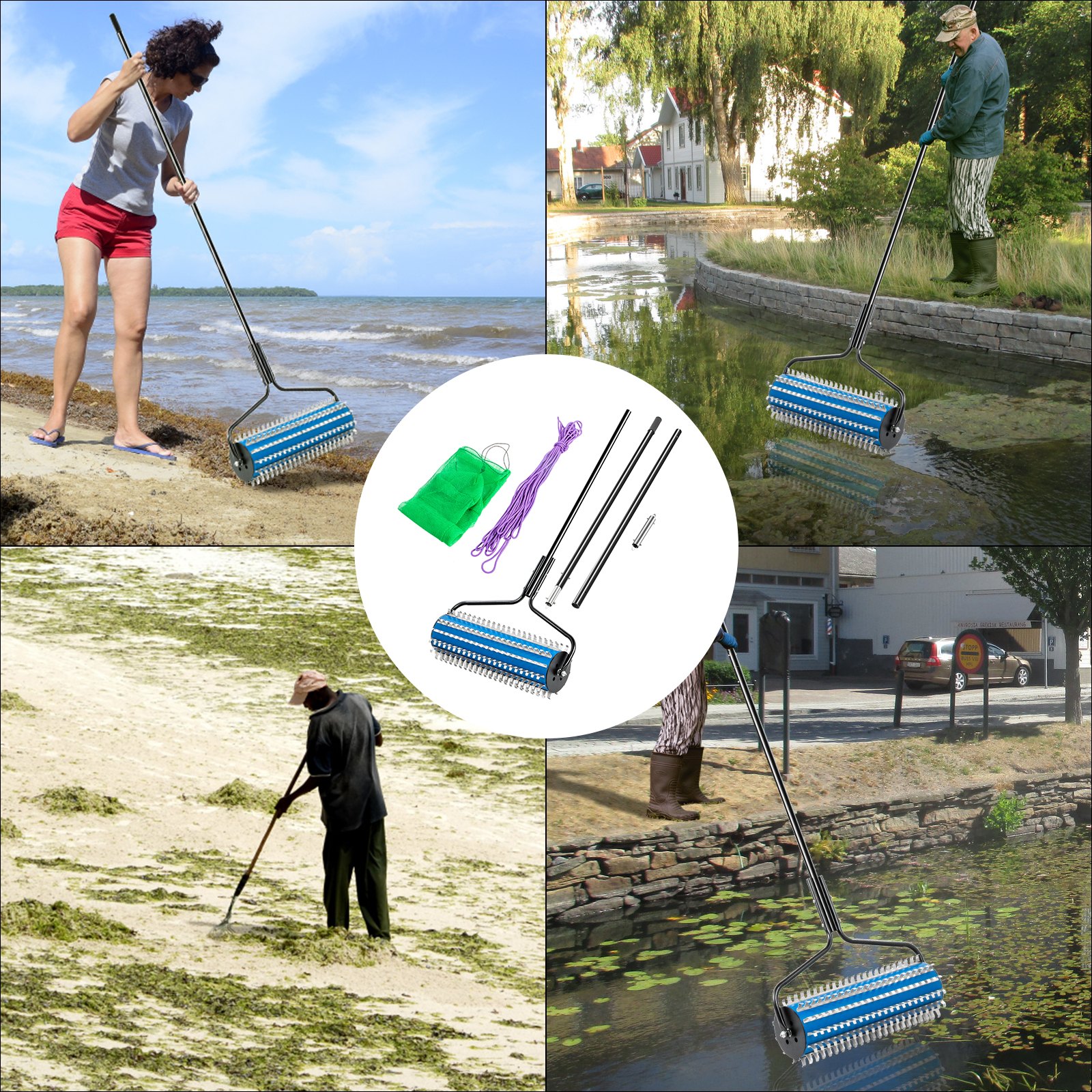 VEVOR Roller Weed Rake, 12’ Lake Weed Cutter, Uproots Aquatic Weeds Muck Silt Lake Rakes, Weed Removal Tool for Lake Pond Beach Landscaping, Lake Weed Roller Remover with Extension Pole and Rope
