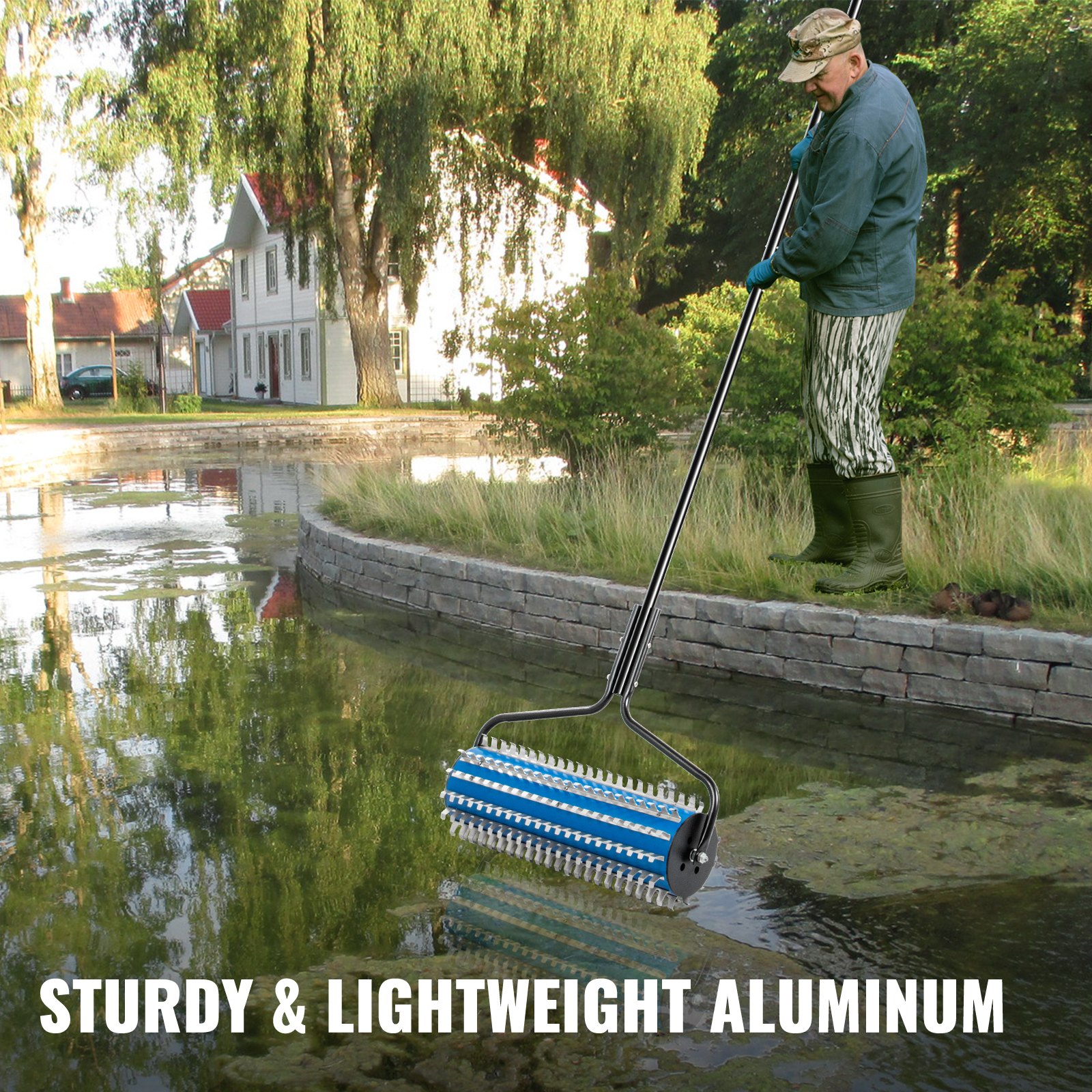 VEVOR Roller Weed Rake, 12 ft Lake Weed Cutter, Clean Aquatic Weeds Muck Silt Lake Rakes, Lake Weed Rake for Lake Pond Beach and Landscaping, Lake Weed Roller Rake with Extension Pole and Rope