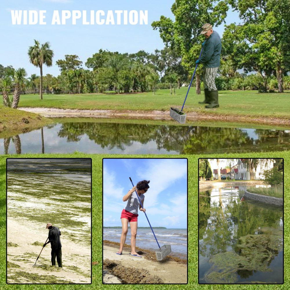 VEVOR Sand Rake, 165 inches Pole Beach Rake, Blue Lake Weed Rakes, 16" Aquatic Weeds Muck Sand Flea Rakes, Weed Cleaning Tool for Beach Lake Pond River Landscaping with Detachable Pole Rope Net