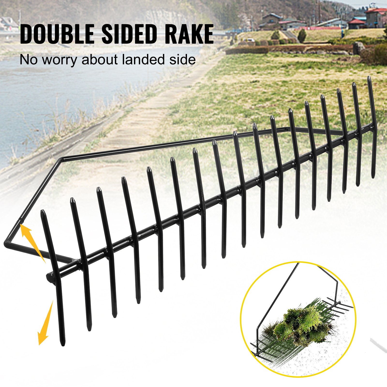 VEVOR Pond Rake, 32" Aquatic Weed Rake, Double Sided Lake Weed Cutter, Uproots Aquatic Weeds Muck Silt Lake Rakes, Weed Rake Tool for Lake Pond Beach Landscaping, Lake Weed Rake with 66’ Rope