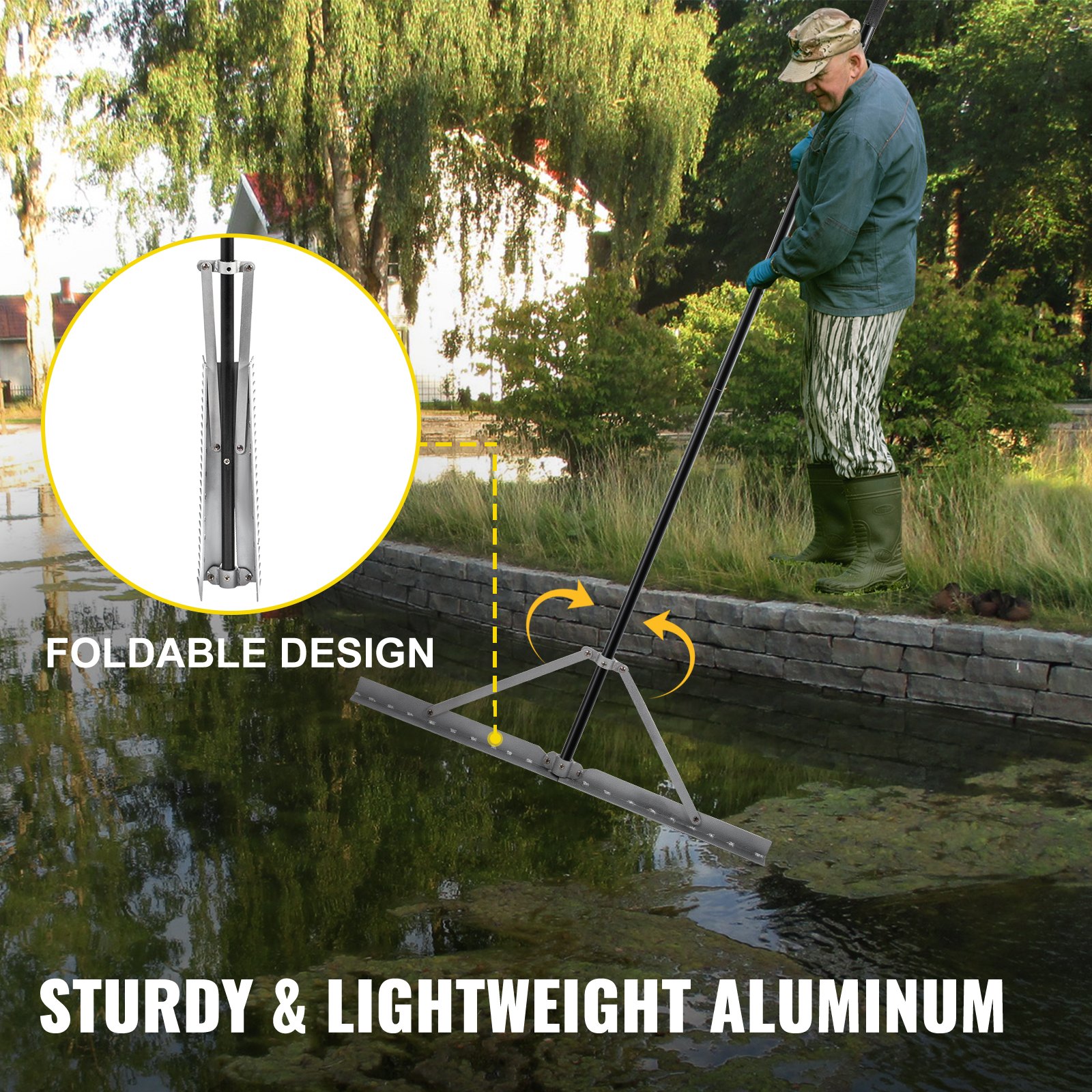 VEVOR Weed Rake, Foldable Black Lake Weed Cutter, Uproots Aquatic Weeds Muck Silt Lake Rakes, 36” Weed Removal Tool for Lake Pond Beach Landscaping, Weed Roller Rake with Extension Pole and Rope