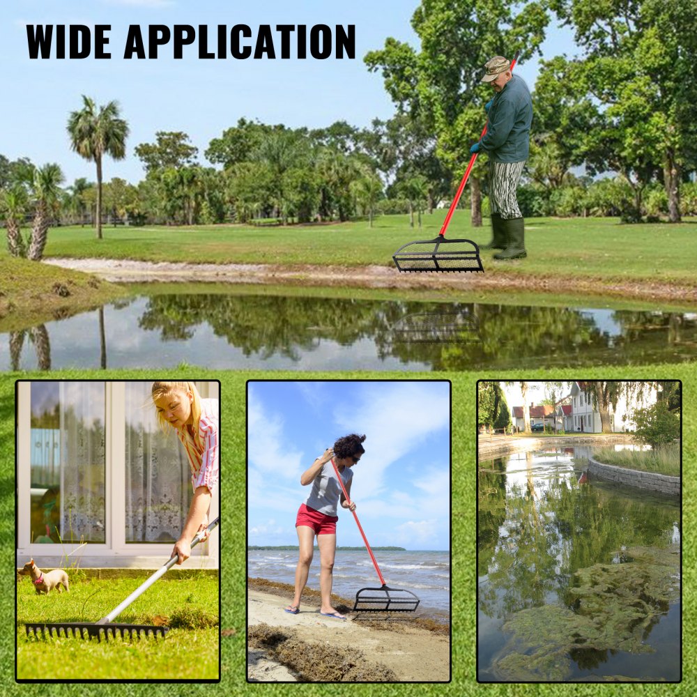 VEVOR Sand Rake Beach Rake 65" Pole Muck Sand Flea Rake 16x5" Red Weed Cutter