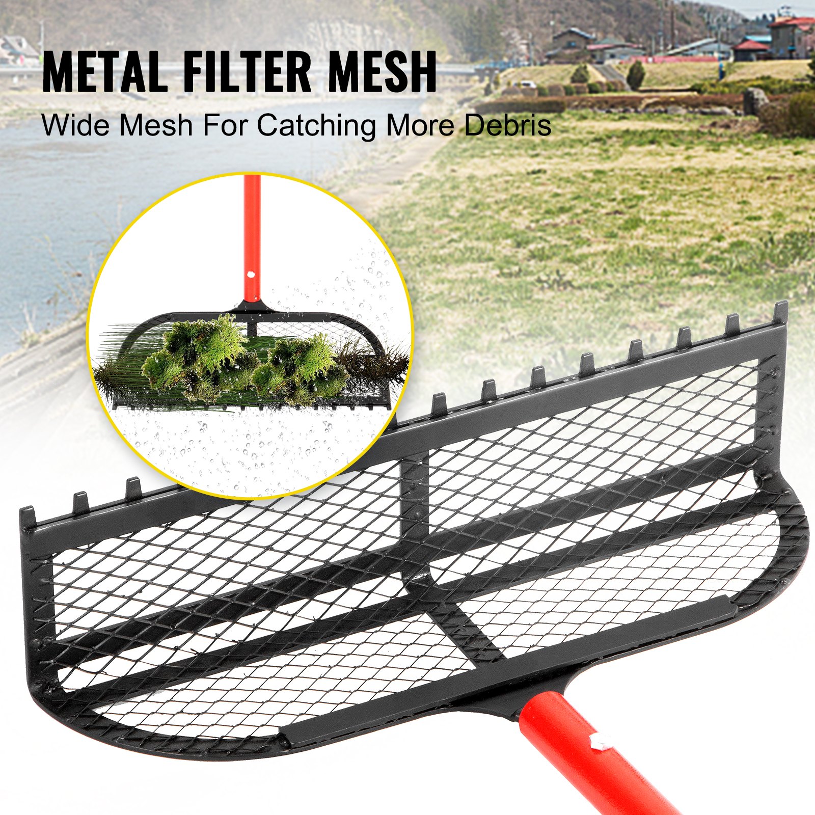 VEVOR Sand Rake Beach Rake 65" Pole Muck Sand Flea Rake 16x5" Red Weed Cutter