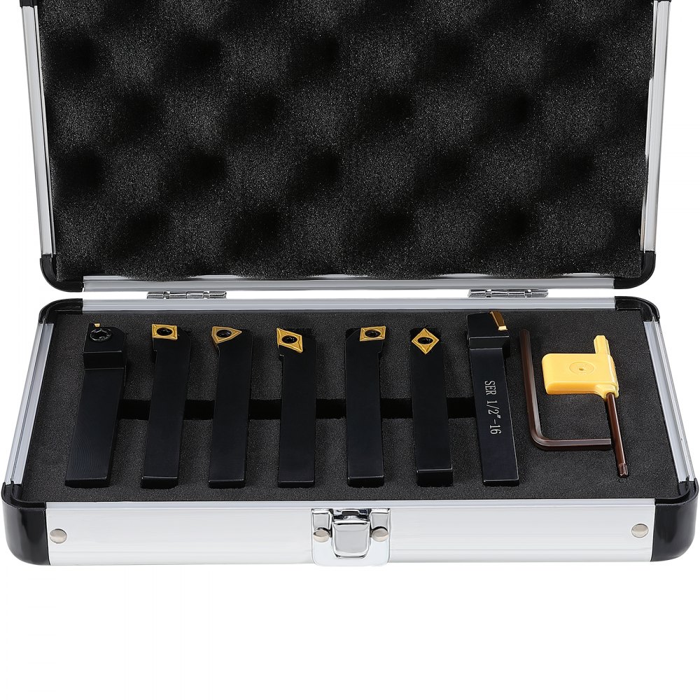 VEVOR indexable carbide lathe tools set in protective case with ergonomic handle.