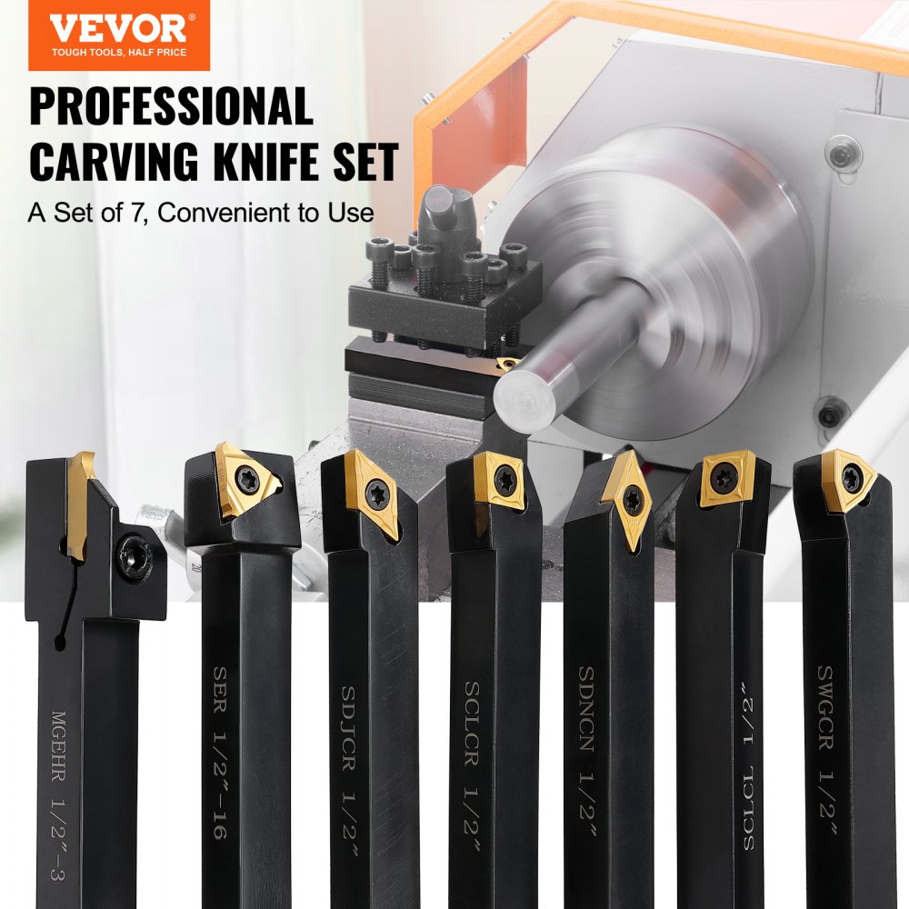 VEVOR 7 Pieces Indexable Lathe Turning Tool Holder, 1/2 in, CNC Heavy-Duty Metal Lathe Cutting Tools, with Tin Coated Carbide Inserts Aluminum Case, for Turning Grooving Threading Cut Off Holders Set