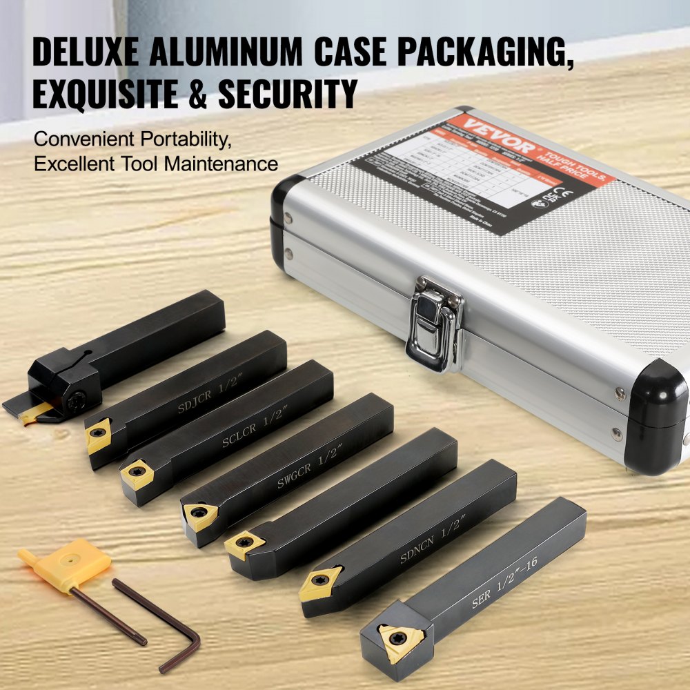 VEVOR 7 Pieces Indexable Lathe Turning Tool Holder, 1/2 in, CNC Heavy-Duty Metal Lathe Cutting Tools, with Tin Coated Carbide Inserts Aluminum Case, for Turning Grooving Threading Cut Off Holders Set