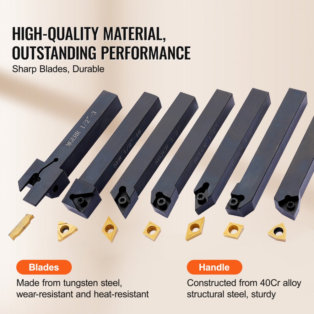 VEVOR 7 Pieces Indexable Lathe Turning Tool Holder, 1/2 in, CNC Heavy-Duty Metal Lathe Cutting Tools, with Tin Coated Carbide Inserts Aluminum Case, for Turning Grooving Threading Cut Off Holders Set