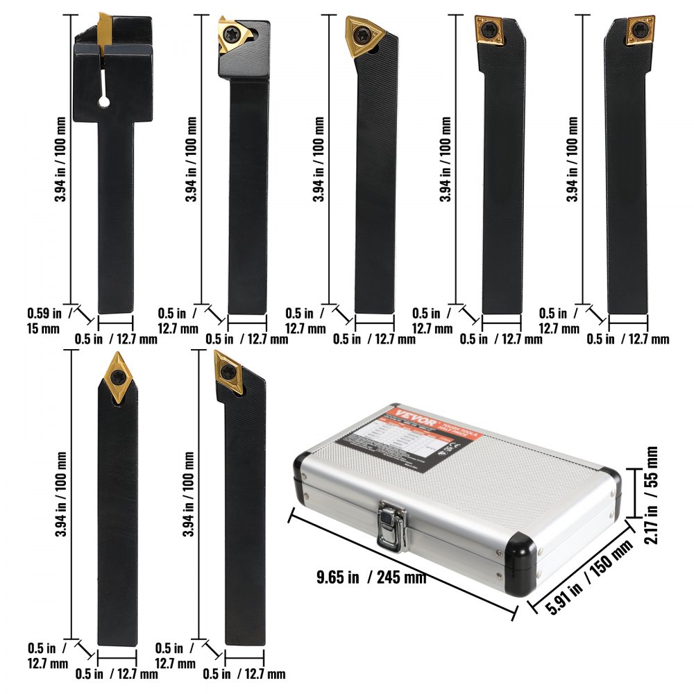 VEVOR 7 Pieces Indexable Lathe Turning Tool Holder, 1/2 in, CNC Heavy-Duty Metal Lathe Cutting Tools, with Tin Coated Carbide Inserts Aluminum Case, for Turning Grooving Threading Cut Off Holders Set