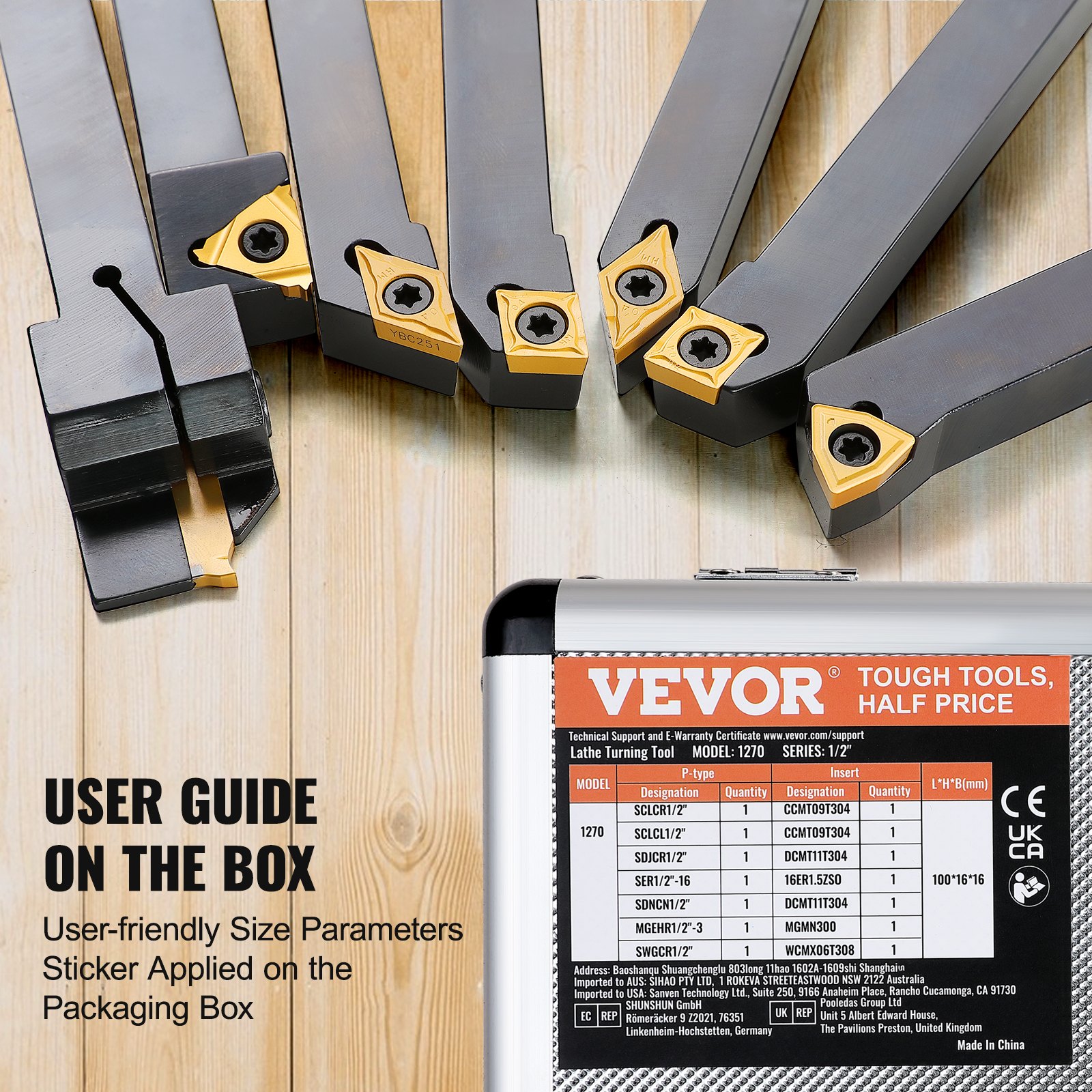 VEVOR 7 Pieces Indexable Lathe Turning Tool Holder, 1/2 in, CNC Heavy-Duty Metal Lathe Cutting Tools, with Tin Coated Carbide Inserts Aluminum Case, for Turning Grooving Threading Cut Off Holders Set