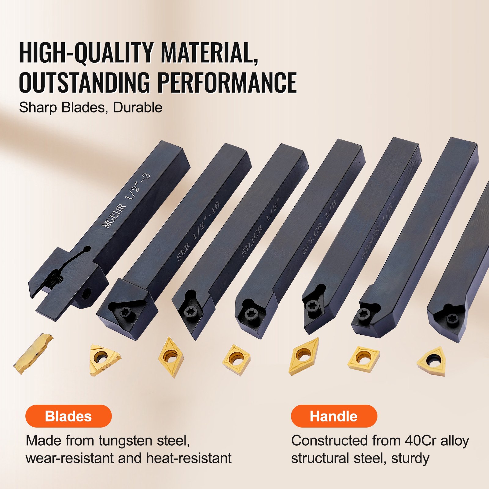 VEVOR 7 Pieces Indexable Lathe Turning Tool Holder, 1/2 in, CNC Heavy-Duty Metal Lathe Cutting Tools, with Tin Coated Carbide Inserts Aluminum Case, for Turning Grooving Threading Cut Off Holders Set