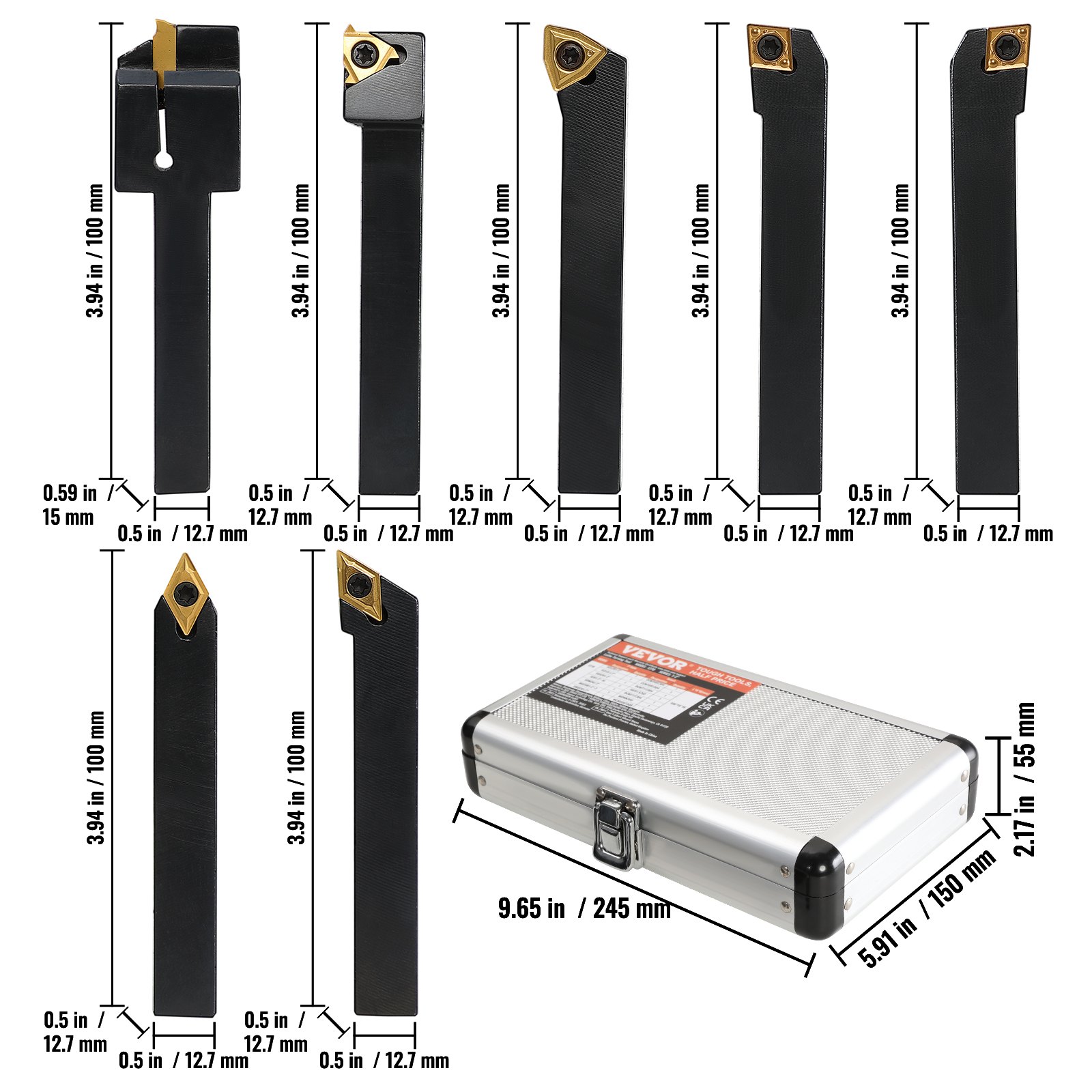 VEVOR 7 Pieces Indexable Lathe Turning Tool Holder, 1/2 in, CNC Heavy-Duty Metal Lathe Cutting Tools, with Tin Coated Carbide Inserts Aluminum Case, for Turning Grooving Threading Cut Off Holders Set