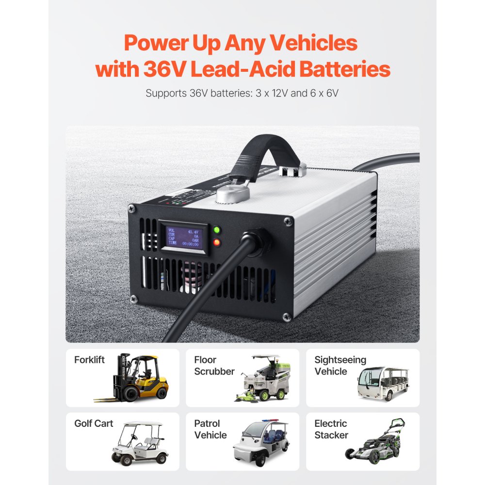 Cargador de batería VEVOR para montacargas, 36 V, 30 A, totalmente automático, inteligente, de plomo-ácido, de 24 V con enchufe Anderson, ventilador de refrigeración y pantalla OLED, para carretilla elevadora, carrito de golf y fregadora de suelos.