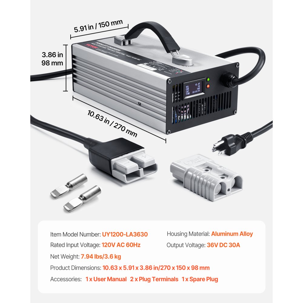 Cargador de batería VEVOR para montacargas, 36 V, 30 A, totalmente automático, inteligente, de plomo-ácido, de 24 V con enchufe Anderson, ventilador de refrigeración y pantalla OLED, para carretilla elevadora, carrito de golf y fregadora de suelos.
