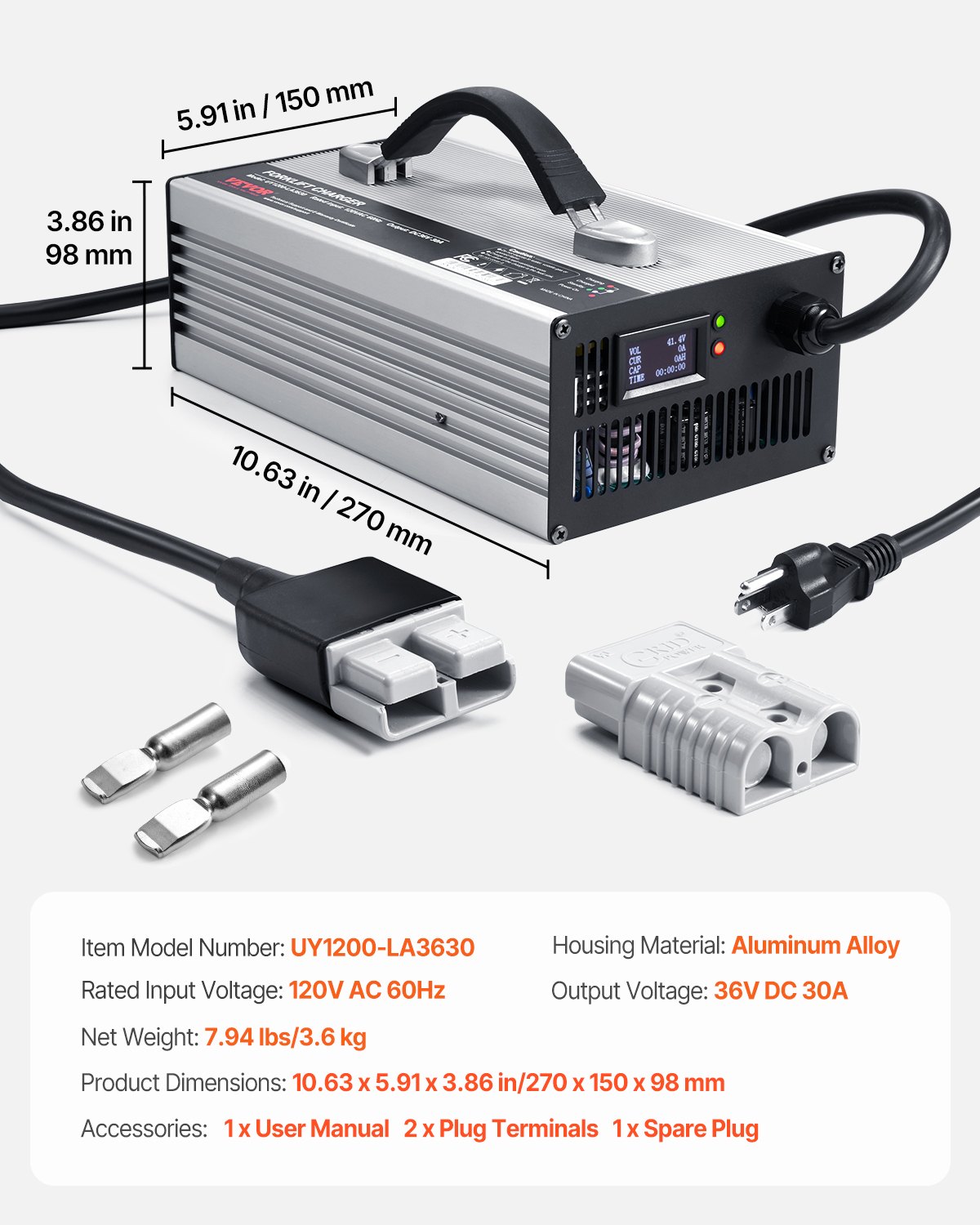 VEVOR Forklift Battery Charger, 36V, 30A Smart Fully-Automatic Lead-Acid Battery Charger, 24 Volt Trickle Charger with Anderson Plug, Cooling Fan, OLED Display, for Forklift Golf Cart Floor Scrubber