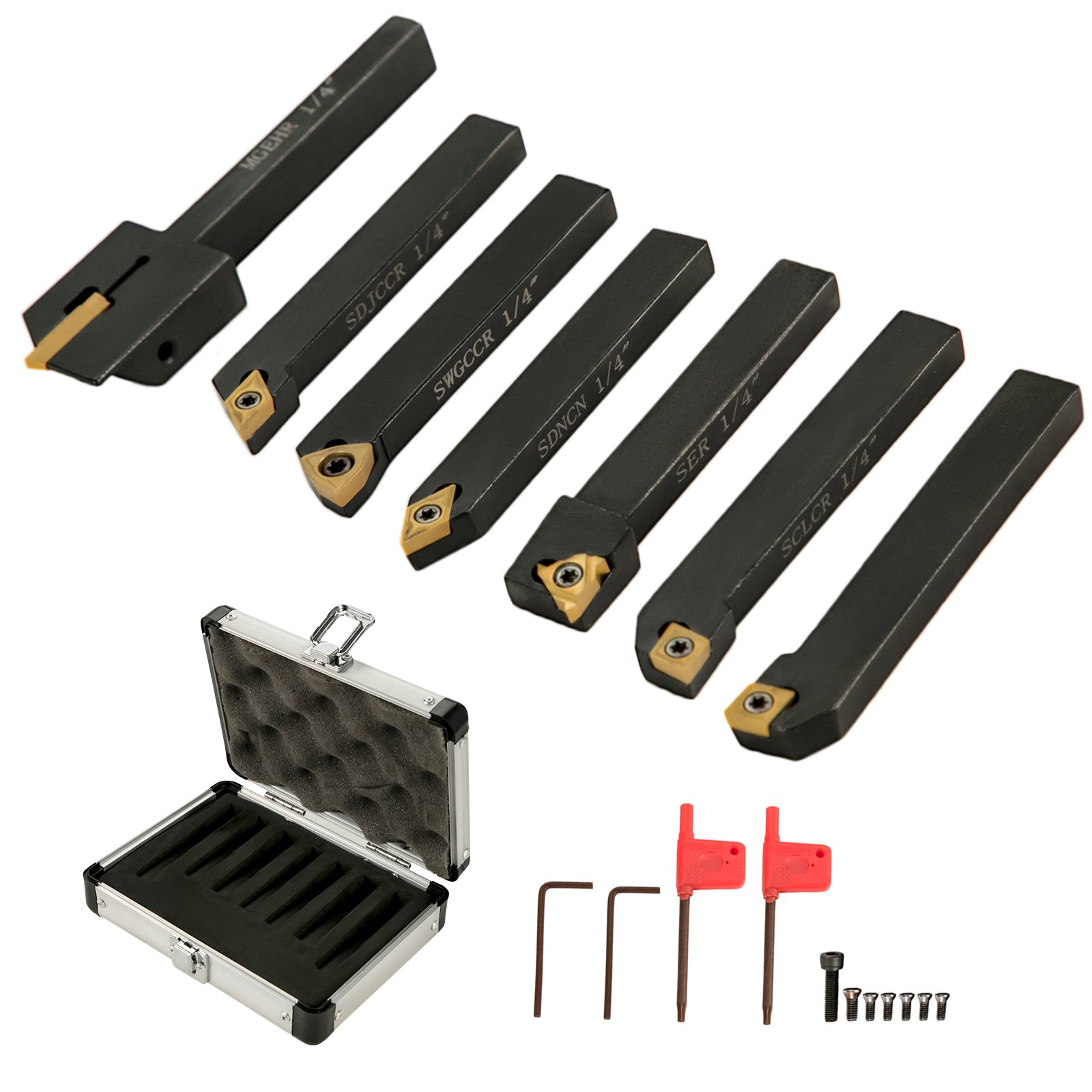 VEVOR Indexable Carbide Tools 1/4\" Industrial Lathe Tools 7Pcs/Set Turning Tool Set Super-hard 40cr Mental Lathe Tools Inserts Carbide Tool Holder for Lathe in Black with Portable Case