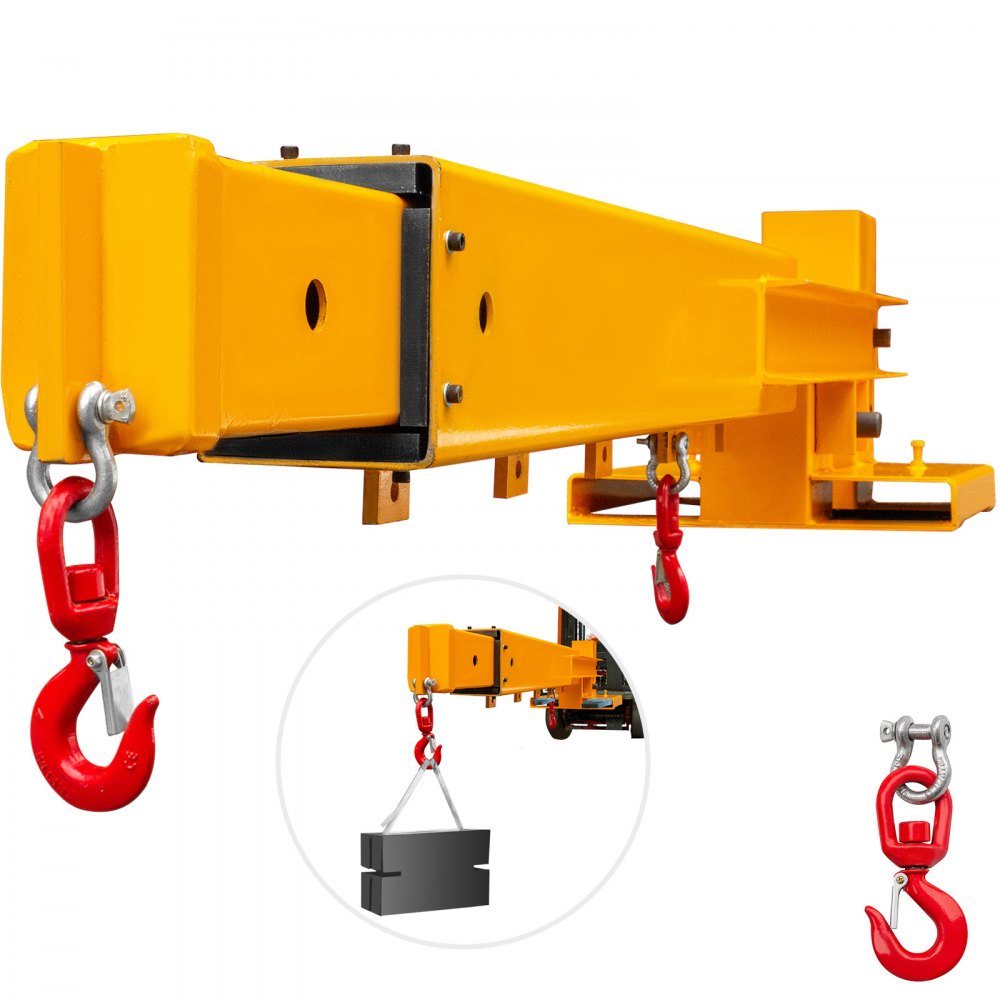 yellow VEVOR forklift crane attachment with red hooks and lifting mechanism.