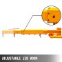 yellow VEVOR forklift crane attachment adjustable jib boom with red hooks attached.