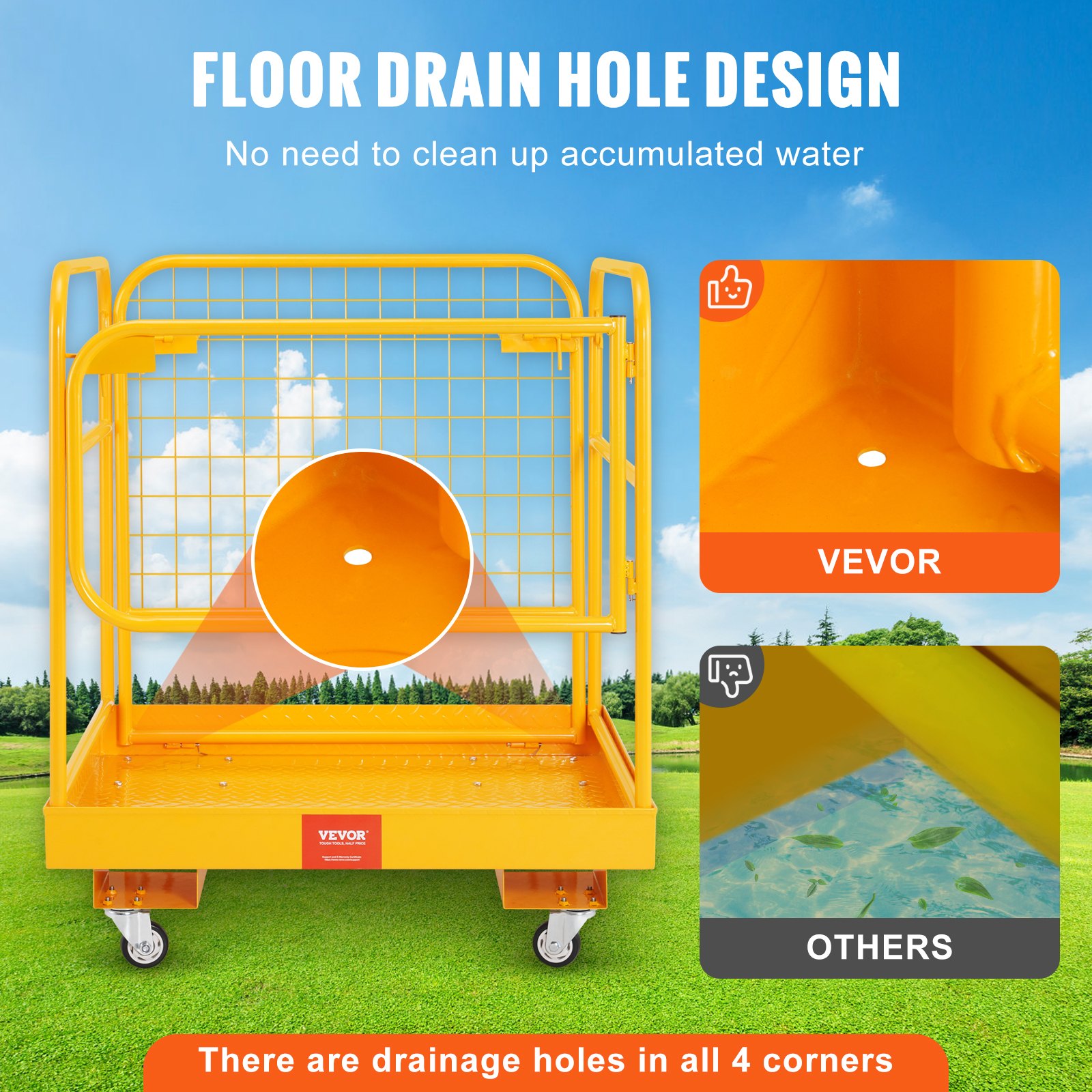 VEVOR Forklift Safety Cage, 544 kg Load Capacity, 92 x 92 cm Folding Forklift Work Platform with Lockable Swivel Wheels, Drain Hole, and Device Chain, Holds 1 to 2 Adults, Perfect for Aerial Work