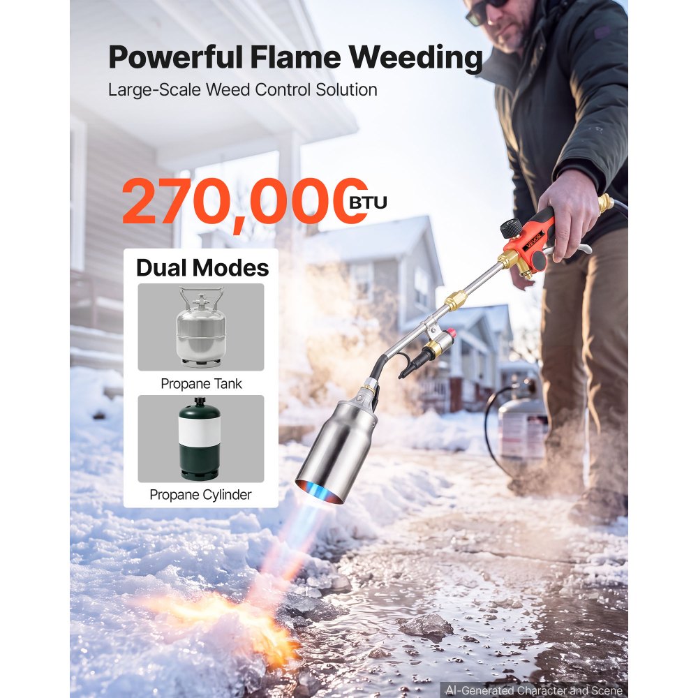 VEVOR Propane Torch Weed Burner 950 mm 270,000 BTU Output with 3.8 m Hose, for Garden Road Ice Snow Melting, Adjustable Flame, Heavy Duty Blow Torch with Turbo Trigger & Self Igniter, Flamethrower