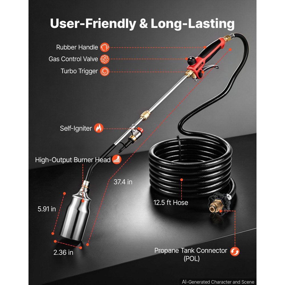 VEVOR Propane Torch Weed Burner 950 mm 270,000 BTU Output with 3.8 m Hose, for Garden Road Ice Snow Melting, Adjustable Flame, Heavy Duty Blow Torch with Turbo Trigger & Self Igniter, Flamethrower