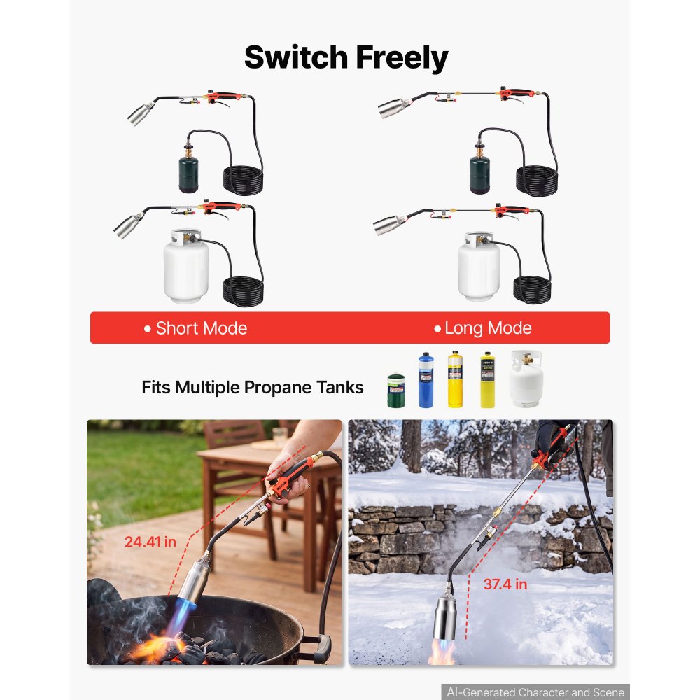 VEVOR Propane Torch Weed Burner 950 mm 270,000 BTU Output with 3.8 m Hose, for Garden Road Ice Snow Melting, Adjustable Flame, Heavy Duty Blow Torch with Turbo Trigger & Self Igniter, Flamethrower