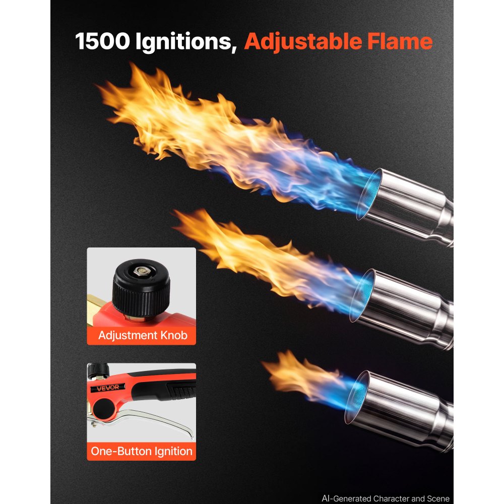 VEVOR Propane Torch Weed Burner 850 mm 270,000 BTU Output with 3.8 m Hose, for Garden Road Ice Snow Melting, Adjustable Flame, Heavy Duty Blow Torch with Turbo Trigger & Self Igniter, Flamethrower