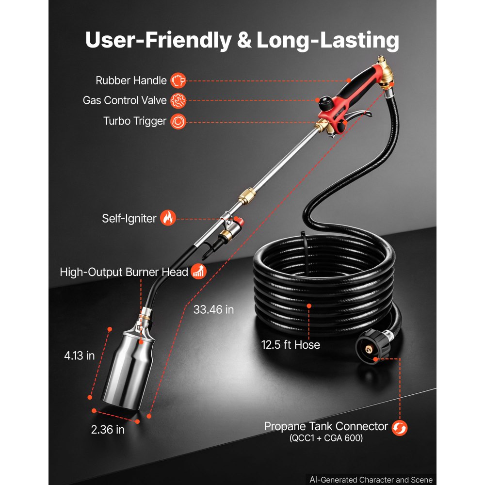 VEVOR Propane Torch Weed Burner 850 mm 270,000 BTU Output with 3.8 m Hose, for Garden Road Ice Snow Melting, Adjustable Flame, Heavy Duty Blow Torch with Turbo Trigger & Self Igniter, Flamethrower