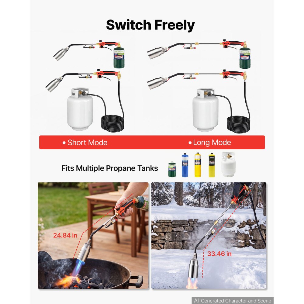 VEVOR Propane Torch Weed Burner 850 mm 270,000 BTU Output with 3.8 m Hose, for Garden Road Ice Snow Melting, Adjustable Flame, Heavy Duty Blow Torch with Turbo Trigger & Self Igniter, Flamethrower