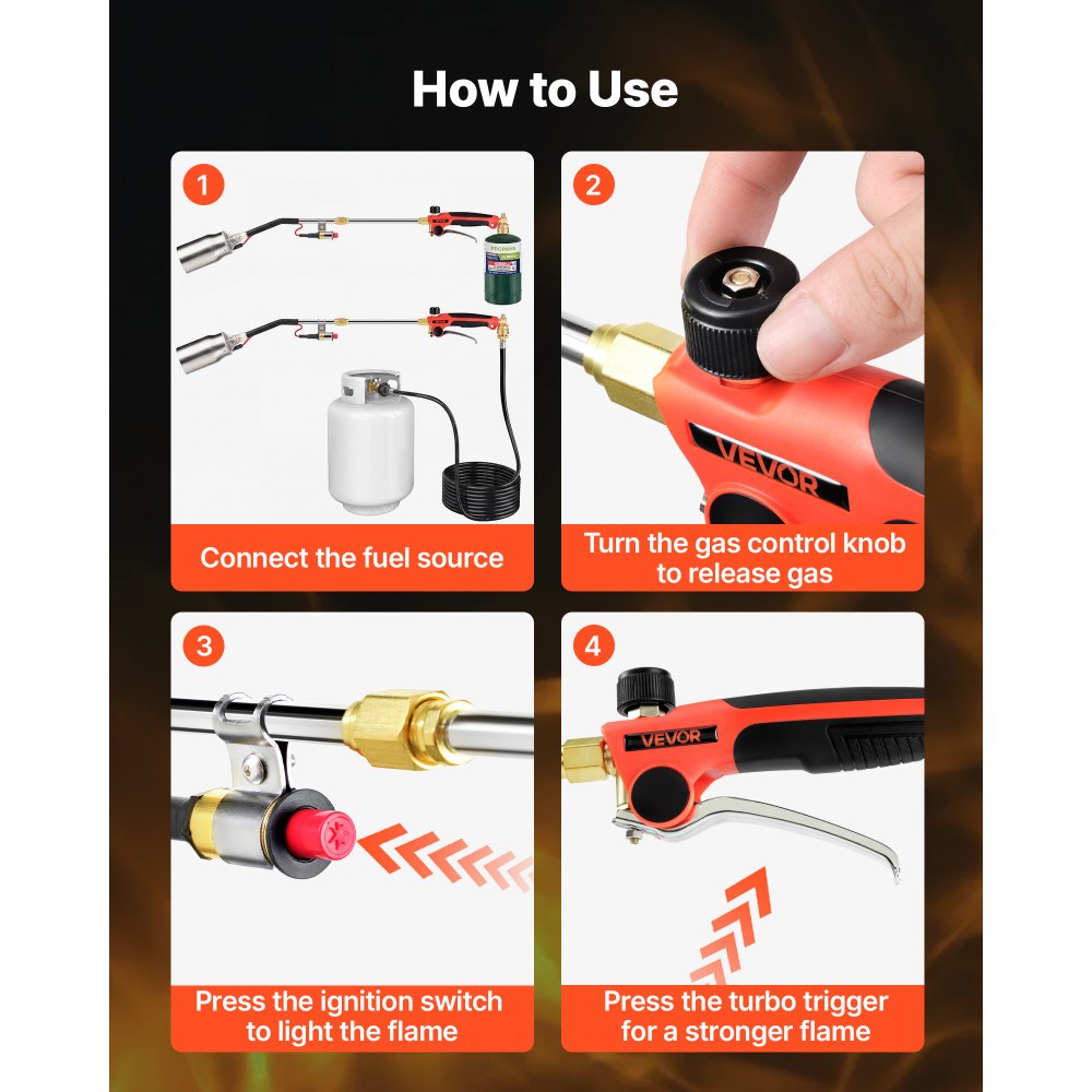 VEVOR Propane Torch Weed Burner 850 mm 270,000 BTU Output with 3.8 m Hose, for Garden Road Ice Snow Melting, Adjustable Flame, Heavy Duty Blow Torch with Turbo Trigger & Self Igniter, Flamethrower