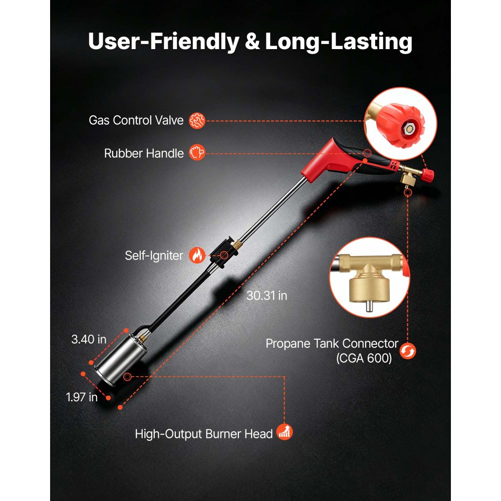 VEVOR Propane Torch Weed Burner 45,000 BTU High Output 770 mm Detachable, for Garden Weed Burning & Road Ice Snow Melting, Adjustable Flame, Heavy Duty Blow Torch with Self Igniter, Flamethrower