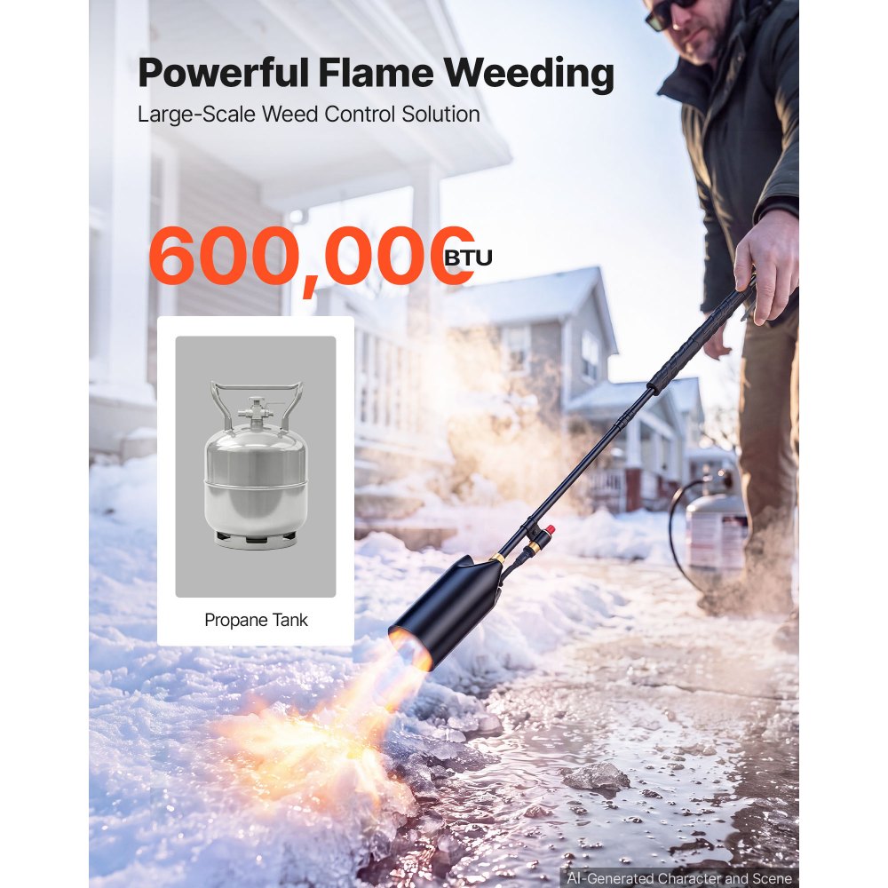 VEVOR Propane Torch Weed Burner 935 mm 600,000 BTU Output with 3 m Hose, for Garden Road Ice Snow Melting, Adjustable Flame, Heavy Duty Blow Torch with Turbo Trigger & Self Igniter, Flamethrower