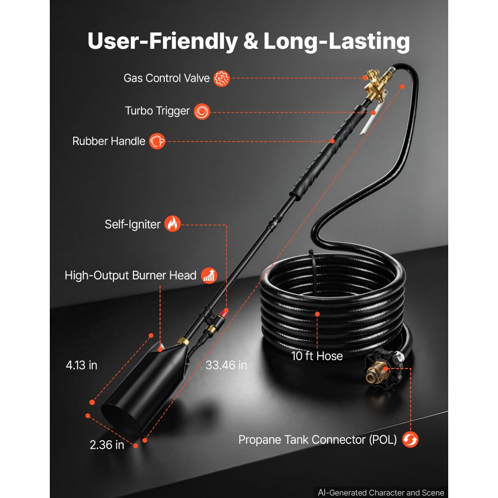 VEVOR Propane Torch Weed Burner 935 mm 600,000 BTU Output with 3 m Hose, for Garden Road Ice Snow Melting, Adjustable Flame, Heavy Duty Blow Torch with Turbo Trigger & Self Igniter, Flamethrower