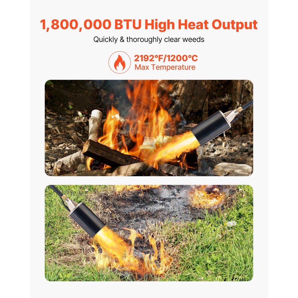 VEVOR Propane Torch Weed Burner, High Output 1,800,000 BTU with 3 m Hose, Heavy Duty Blow Torch with Adjustable Flame & Turbo Trigger Push Button Auto Igniter, Flamethrower for Garden Ice Snow Road
