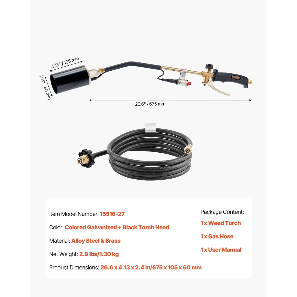 VEVOR Propane Torch Weed Burner, High Output 1,800,000 BTU with 3 m Hose, Heavy Duty Blow Torch with Adjustable Flame & Turbo Trigger Push Button Auto Igniter, Flamethrower for Garden Ice Snow Road