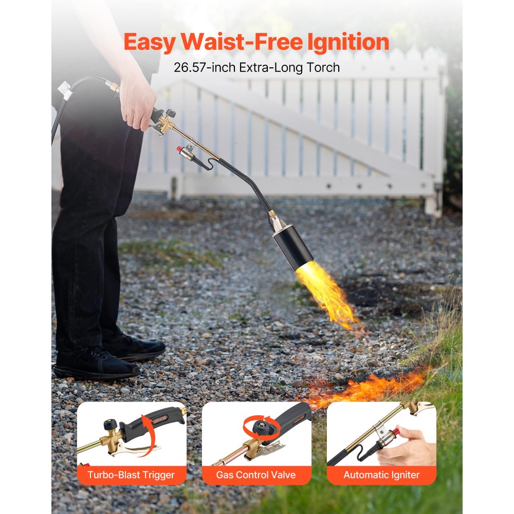 VEVOR Propane Torch Weed Burner, High Output 1,800,000 BTU with 3 m Hose, Heavy Duty Blow Torch with Adjustable Flame & Turbo Trigger Push Button Auto Igniter, Flamethrower for Garden Ice Snow Road