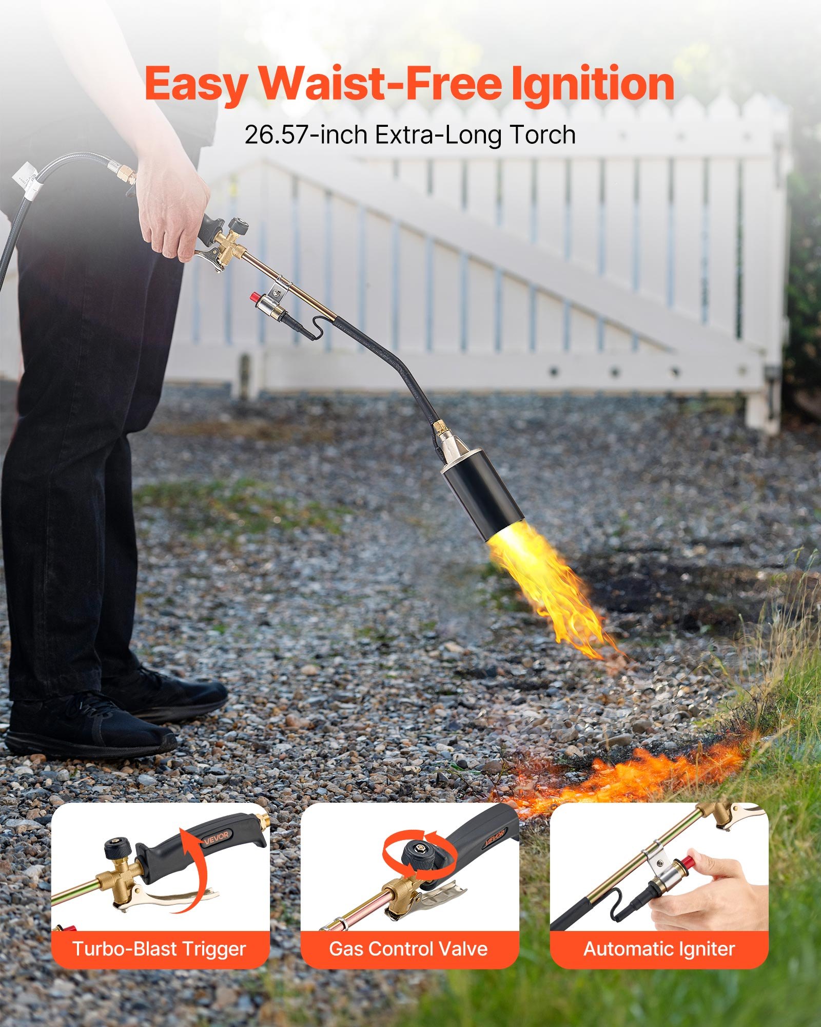 VEVOR Propane Torch Weed Burner, High Output 1,800,000 BTU with 3 m Hose, Heavy Duty Blow Torch with Adjustable Flame & Turbo Trigger Push Button Auto Igniter, Flamethrower for Garden Ice Snow Road