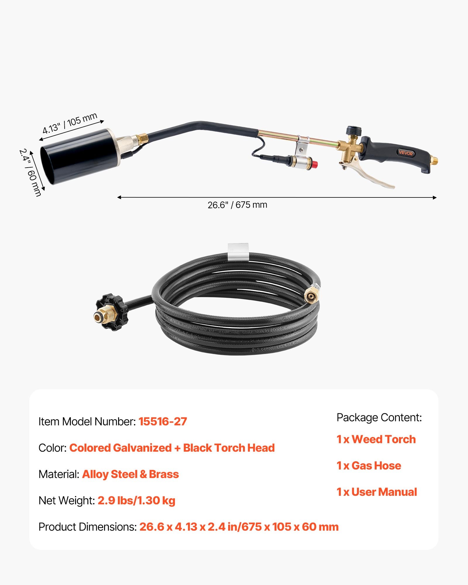 VEVOR Propane Torch Weed Burner, High Output 1,800,000 BTU with 3 m Hose, Heavy Duty Blow Torch with Adjustable Flame & Turbo Trigger Push Button Auto Igniter, Flamethrower for Garden Ice Snow Road