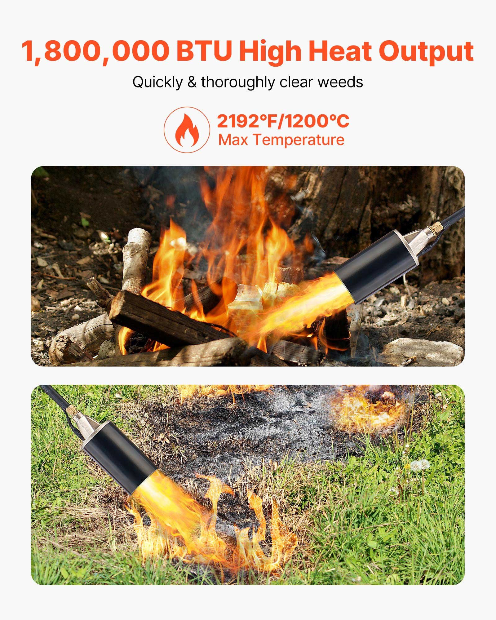 VEVOR Propane Torch Weed Burner, High Output 1,800,000 BTU with 3 m Hose, Heavy Duty Blow Torch with Adjustable Flame & Turbo Trigger Push Button Auto Igniter, Flamethrower for Garden Ice Snow Road