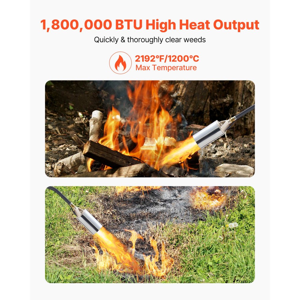 VEVOR Propane Torch Weed Burner, High Output 1,800,000 BTU with 10 ft Hose, Heavy Duty Blow Torch with Adjustable Flame and Turbo Trigger Push Button Igniter, Flamethrower Kit for Garden Ice Snow Road