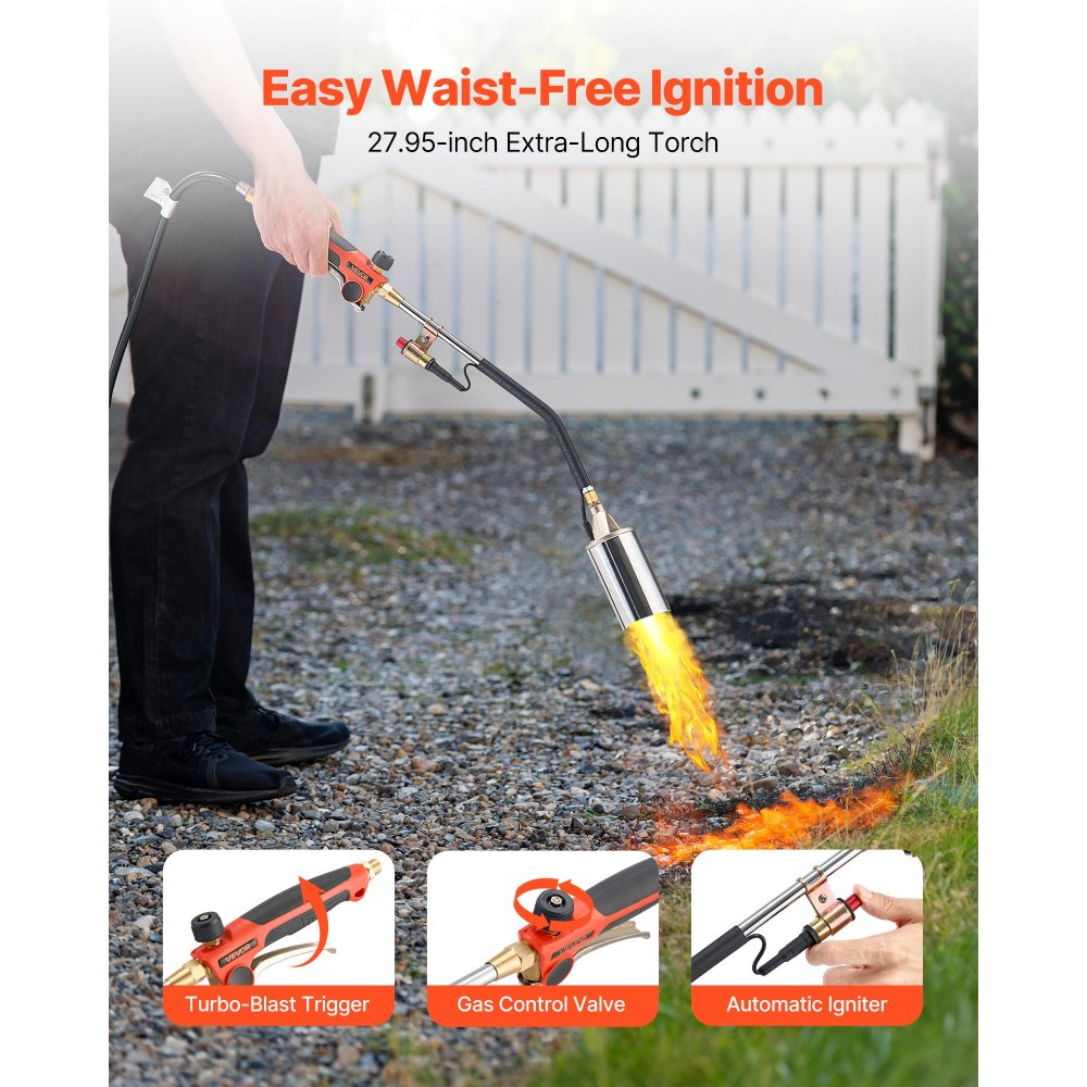 VEVOR Propane Torch Weed Burner, High Output 1,800,000 BTU with 10 ft Hose, Heavy Duty Blow Torch with Adjustable Flame and Turbo Trigger Push Button Igniter, Flamethrower Kit for Garden Ice Snow Road