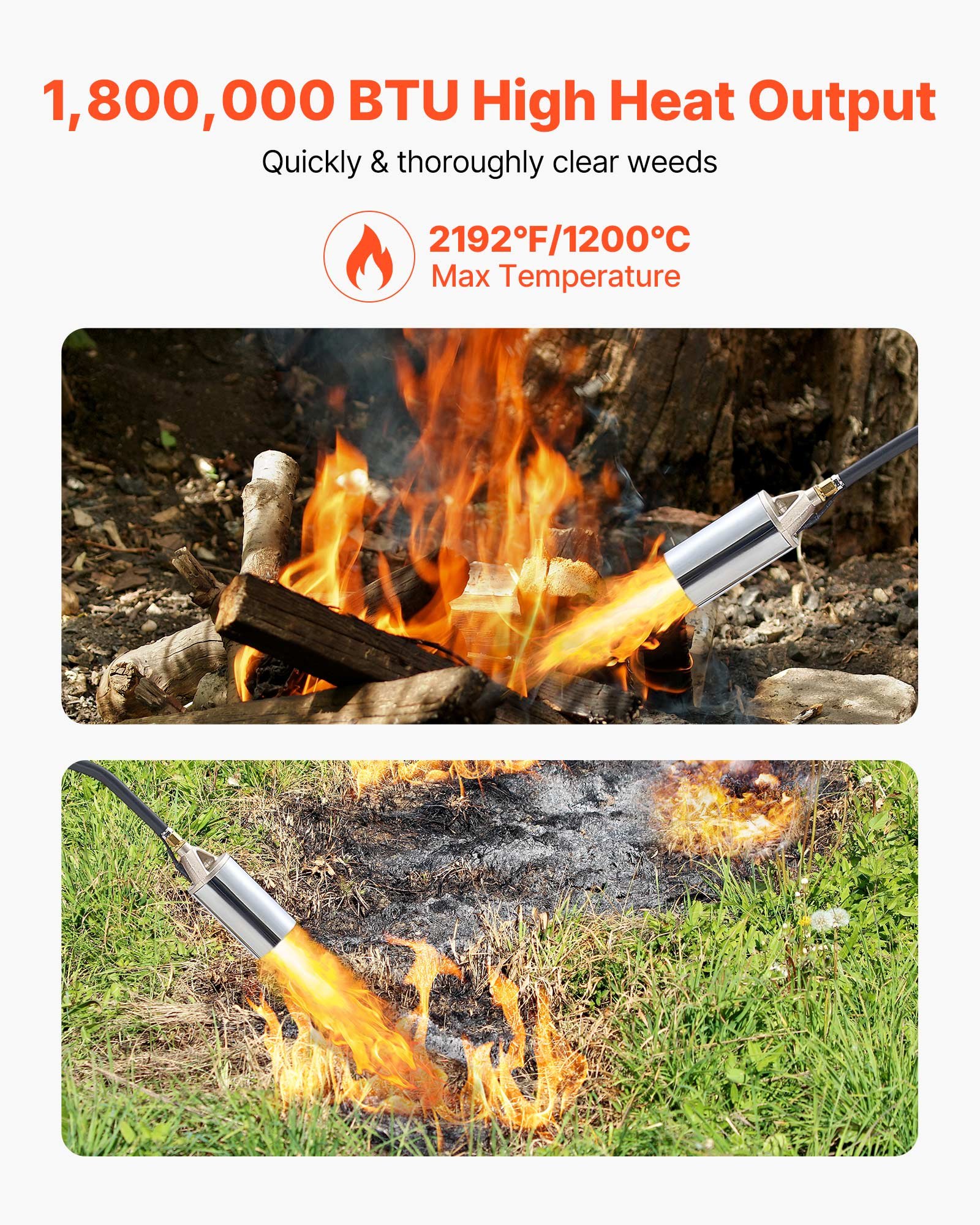VEVOR Propane Torch Weed Burner, High Output 1,800,000 BTU with 3 m Hose, Heavy Duty Blow Torch with Adjustable Flame and Turbo Trigger Push Button Igniter, Flamethrower Kit for Garden Ice Snow Road
