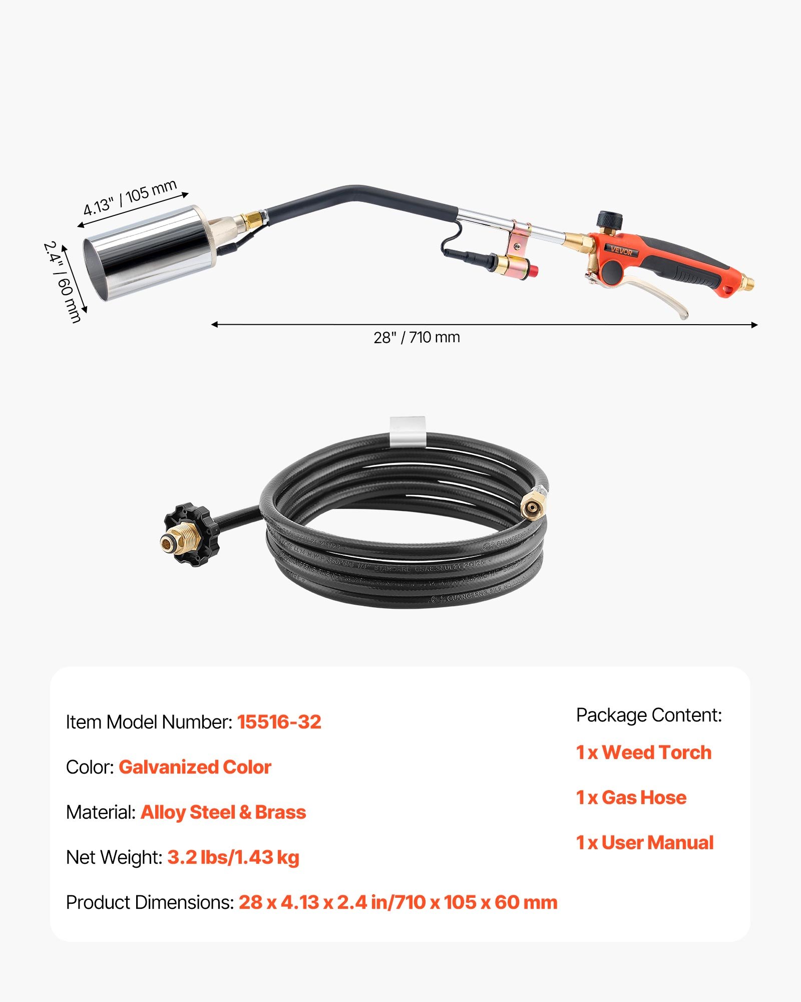 VEVOR Propane Torch Weed Burner, High Output 1,800,000 BTU with 3 m Hose, Heavy Duty Blow Torch with Adjustable Flame and Turbo Trigger Push Button Igniter, Flamethrower Kit for Garden Ice Snow Road