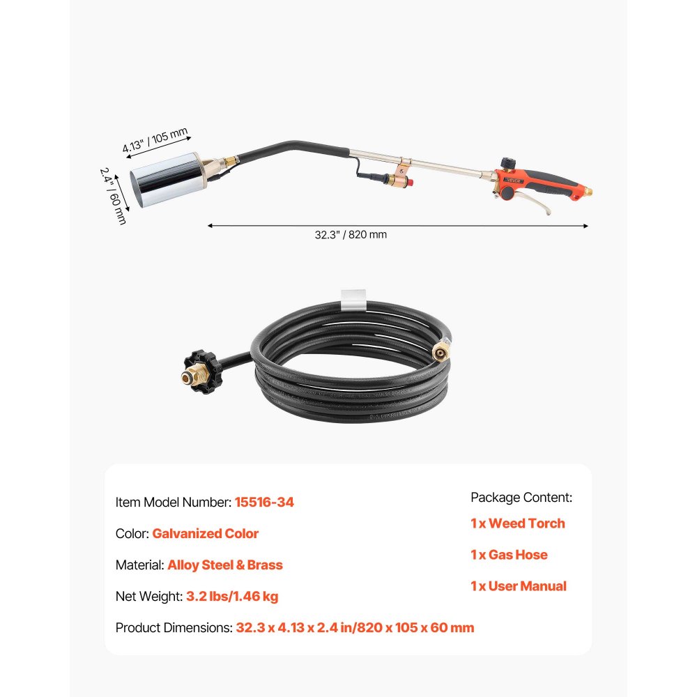 VEVOR Propane Torch Weed Burner, High Output 2,400,000 BTU with 3 m Hose, Heavy Duty Blow Torch with Adjustable Flame and Turbo Trigger Push Button Igniter, Flamethrower Kit for Garden Ice Snow Road
